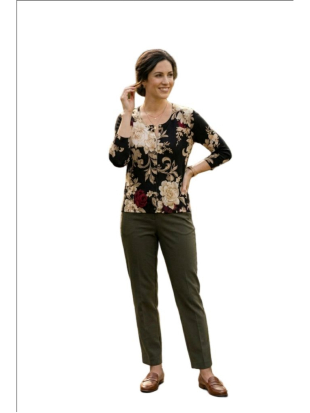 White House Black Market Floral Cardigan S Black Knit Work Top